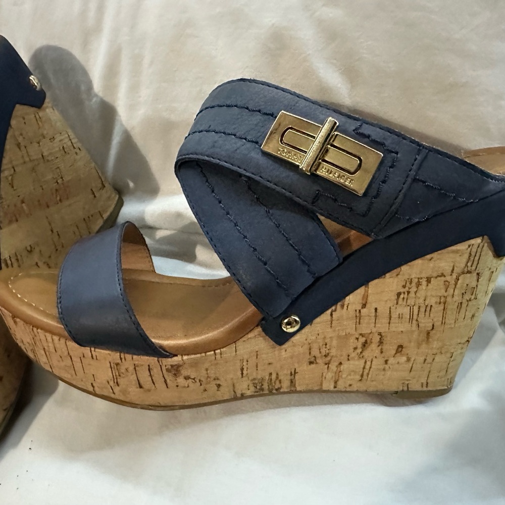 Tommy Hilfiger Navy and Tan Wedge Sandals